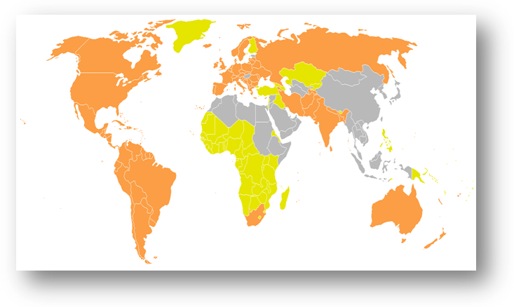 Cuadro de texto: Figure 1. In dark, countries with a majority of Indo-European speakers; in light color, countries with Indo-European-speaking minorities.