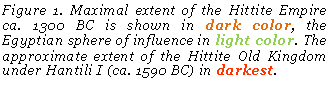 Cuadro de texto: Figure 50. Maximal extent of the Hittite Empire ca. 1300 BC is shown in dark color, the Egyptian sphere of influence in light color. The approximate extent of the Hittite Old Kingdom under Hantili I (ca. 1590 BC) in darkest.